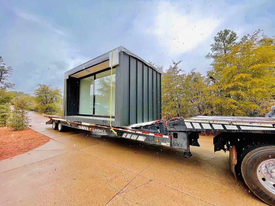 Modern gym ADU on a flatbed trailer